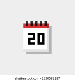 Pixel art calendário com data 20. Dia 20. Dia de férias 20 ícone de vetor para o jogo de 8 bits no fundo branco 