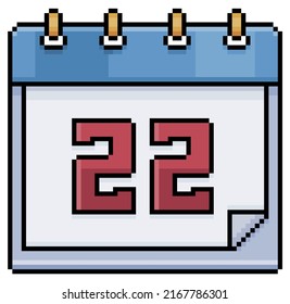 Pixel art calendar with date 22. Day 22. Holiday day 22 vector icon for 8bit game on white background
