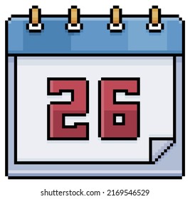 Calendario de arte de Pixel con fecha 26. Día 26. Icono vectorial del día festivo 26 para juego de 8 bits en fondo blanco
