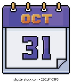 Pixel art calendar with date October 31, Halloween day vector icon for game on white background