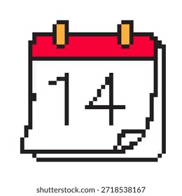 Pixel art calendar icon with number 14 for Valentine’s Day. Cute 8-bit love and romance date symbol for February 14, holiday card, game, app, sticker, and social media design.
