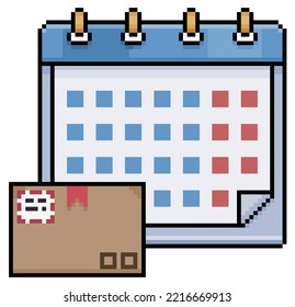 Pixel art calendar with order box, cardboard box vector icon for 8bit game on white background