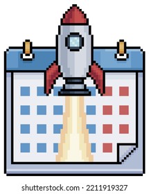 
Pixelkunstkalender mit Rakete, die Vektorsymbol für 8bit-Spiel auf weißem Hintergrund