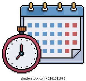 Pixel art calendar with stopwatch
vector icon for 8bit game on white background