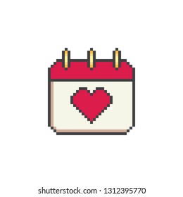 Pixel art calendar  vector icon set. Sign for web, mobile design and 8 bit games.
Vector illustration. Valentine day, love, wedding symbol.