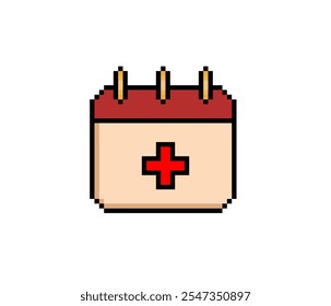 Pixel art calendar vector icon set. Sign for web, mobile design and 8 bit games. Vector illustration. Health day, drug, cross symbol.