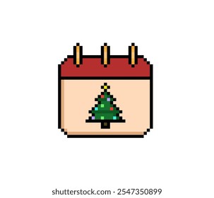 Pixel art calendar vector icon set. Sign for web, mobile design and 8 bit games. Vector illustration. Christmas day, winter, Christmas tree symbol.