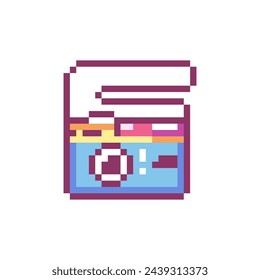 Pixel Art Camera Icon. Vector Y2K 8Bit Sticker of Retro Photo Camera. Cute Summer Vacation Instant Camera Video Game Element for Graphic Design.