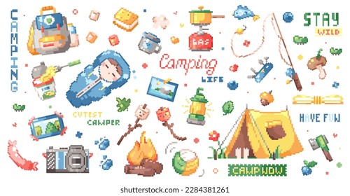 Pixel art camp trip sticker set. 8bit retro game elements like campfire, tent, leaf, knife, marshmallow, bag, sleeping bag. Vector graphic for game, decoration, stickers and cross stitch.