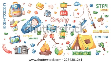 Pixel art camp trip sticker set. 8bit retro game elements like campfire, tent, leaf, knife, marshmallow, bag, sleeping bag. Vector graphic for game, decoration, stickers and cross stitch.