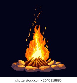 Pixel art of a campfire with bright flame and firewood surrounded by stones. Stylized retro bonfire on dark background, vector illustration.
