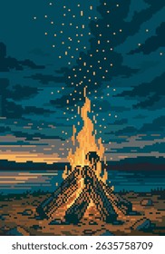 pixel art of campfire on the beach, vector illustration on isolated background.