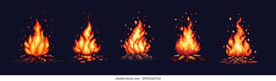 Pixel art campfire. Red bonfire, fire wood burning with big flame and sparks on dark night background. 8 bit pixel video game style vector isolated set. Flammable bright wooden fireplaces