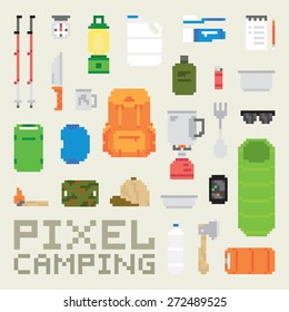 Pixel art camping goods isolated vector objects