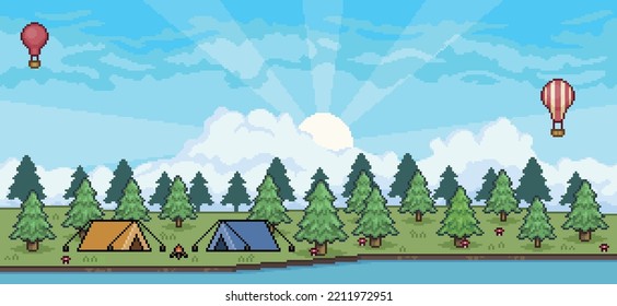 Pixel art camping landscape in forest and river with tents and campfire 8 bit game background