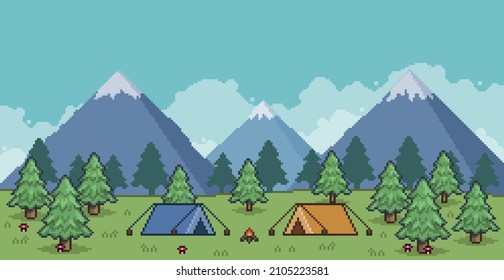 
Pixel art camping landscape with tent, campfire, pine trees and mountains 8bit background