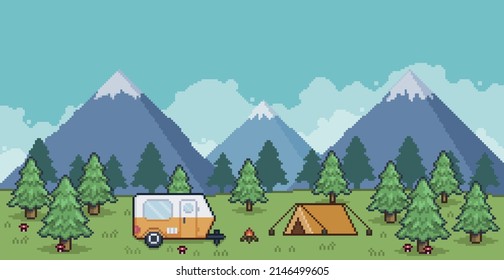 Pixel art camping landscape with tent, trailer, campfire, pine trees and mountains 8bit background