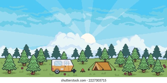 Pixel art camping landscape with tent, trailer, campfire, pine trees background vector for 8 bit game
