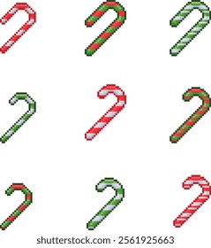 Pixel art candy cane collection. Christmas sweetmeats design embroidery set isolated on a white background.