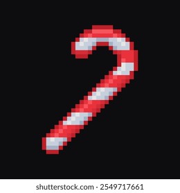 Pixel art candy cane. Pixel design embroidery. Vector illustration isolated on a black background.