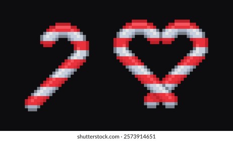 Pixel art candy cane with heart shaped pair. Pixel design embroidery. Vector illustration isolated on a black background.