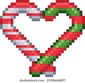 Pixel art candy canes in heart shape. Christmas striped sweets isolated on white.