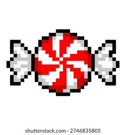 Pixel Art Candy Icon - 8 Bit Retro Sweet Peppermint Game Illustration Vector