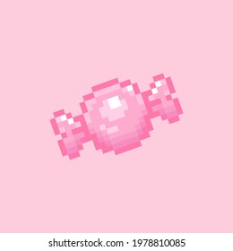 Pixel art candy illustration. Vintage pink classic round candy in retro 8 bit gaming style. Pixel isolated round sweet candy icon. Vector.
