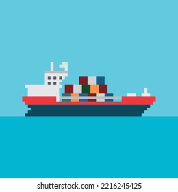 Pixel art. Cargo ship on the sea