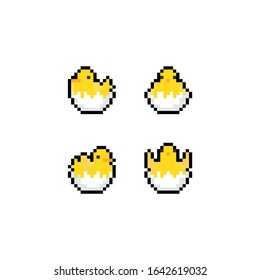 Pixel art caroon chicks with eggshells icon set.