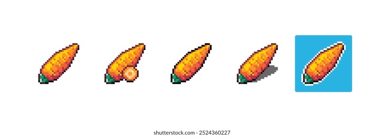 Pixel art Carrot. 8bit Game Style Pixelated Carrot Vegetable. Detailed Pixel Carrot icon with shading and different stroke. 