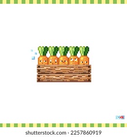 Pixel art carrot icon. Vector 8 bit style illustration of carrots in wooden box. Cute decorative spring garden nature element of retro video game graphic for game asset, sprite, sticker or web.