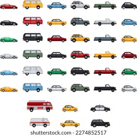 Pixel art cars collection. Different type and colour vehicles. Ambulance, police car, taxi cab and fire truck. Vector illustration.