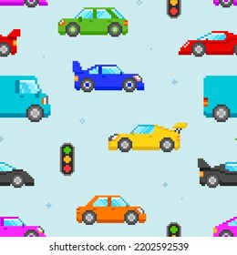 Pixel Art Cars seamless pattern. 8-bit game style pixel graphics city transport. Puxel transport background. Editable pixel Racing Cars. Isolated vector illustration