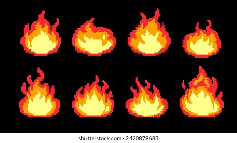 Pixel art cartoon animation frames of red fire flames. Vector 8 bit asset and effects for video game.