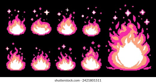 Pixel art cartoon animation frames of pink fire flames. Vector 8 bit asset and effects for video game.