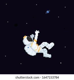 Pixel art cartoon astronaut character floating on the space.