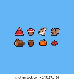 Pixel art cartoon autumn icon set.8bit.