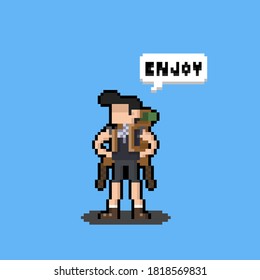 Dibujo de Pixel caricatura de diseño de caracter de mochilero que dice "disfruta".