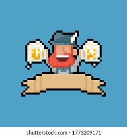 Pixel art cartoon beard man holding double beer mug with ribbon.