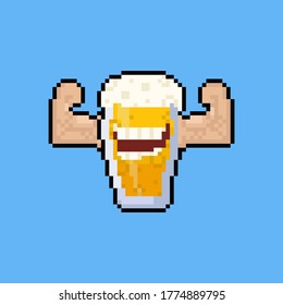 Pixel art cartoon beer mug character flex the muscle.