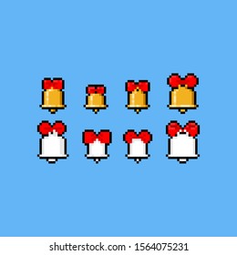 Pixel art cartoon bell icon with red ribbon set.