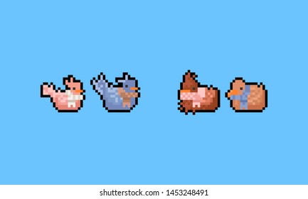 Pixel art cartoon bird wearing scarf character set.8bit.