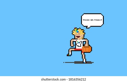 Pixel art cartoon blond hair boy with unicorn horn saying " trick or treat "