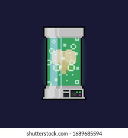 Pixel Art Cartoon Brain With Eye In Glass Box.