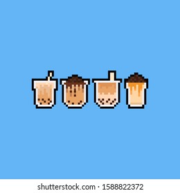 Pixel art cartoon bubble milk tea icon set.