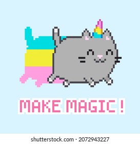 Pixel Art cartoon Cat Unicorn with Rainbow flying on blue background. Kawaii style Caticorn vector illustration. Cute running Unicorn Kitten with "Make Magic" text