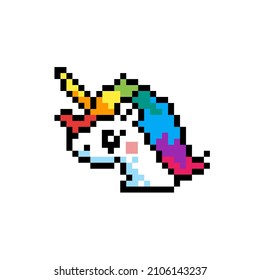 Pixel art cartoon Cat Unicorn with rainbow tail and hair on pink background