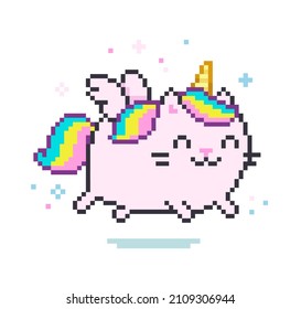 Dibujo de Pixel Art Cat Unicorn con alas de fondo blanco. Corto gatito unicornio con pelo y cola de arco iris. Ilustración vectorial de estilo kawaii