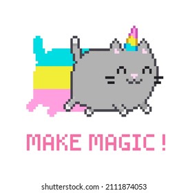 Pixel Art cartoon Cat Unicorn with Rainbow white background. Kawaii style Caticorn vector illustration. Cute running Unicorn Kitten with "Make Magic" text